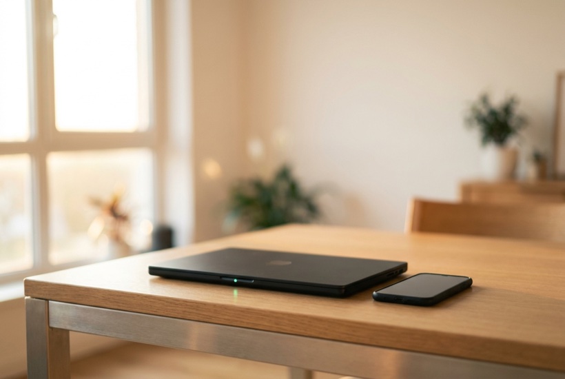Mattschwarzes Notebook und Smartphone auf Eichenfurnier mit mint Status-LED — zentral verwaltete Geräte