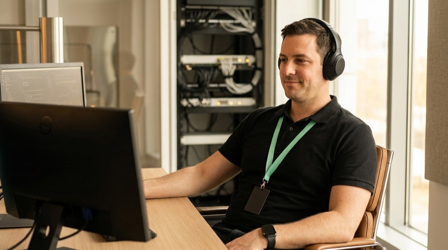 ITM-Mitarbeiter mit Headset blickt zufrieden auf seinen Bildschirm, Serverrack im Hintergrund — Service Desk und IT-Betrieb