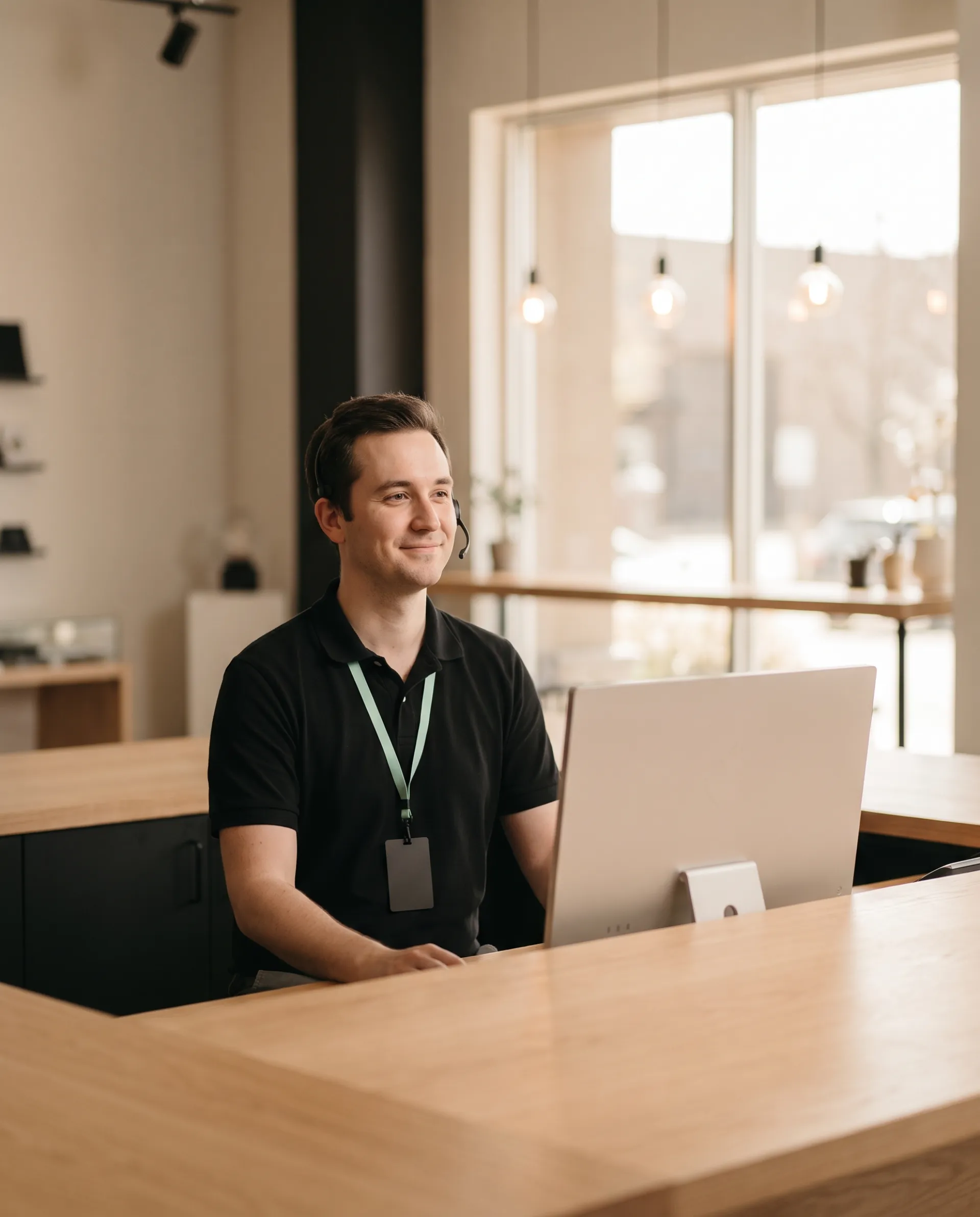 Service-Desk-Mitarbeiter mit Headset am Arbeitsplatz, erreichbarer Single Point of Contact für alle IT-Anliegen