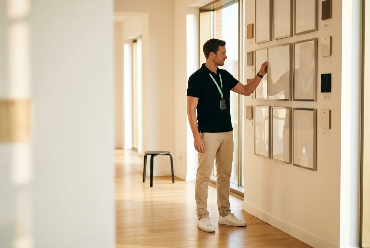 Ein Mann mit Lanyard betrachtet konzentriert eine Wand mit gerahmten Dokumenten und Materialproben in einem lichten Flur, Sinnbild für die systematische Prüfung von Unterlagen.