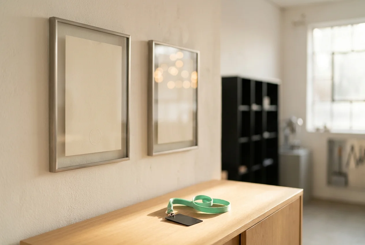 Zwei gerahmte Zertifikate mit geprägtem Siegel an einer warmweissen Wand über einem Eichen-Sideboard — ITMs eigene ISO-27001- und ISO-9001-Zertifizierung
