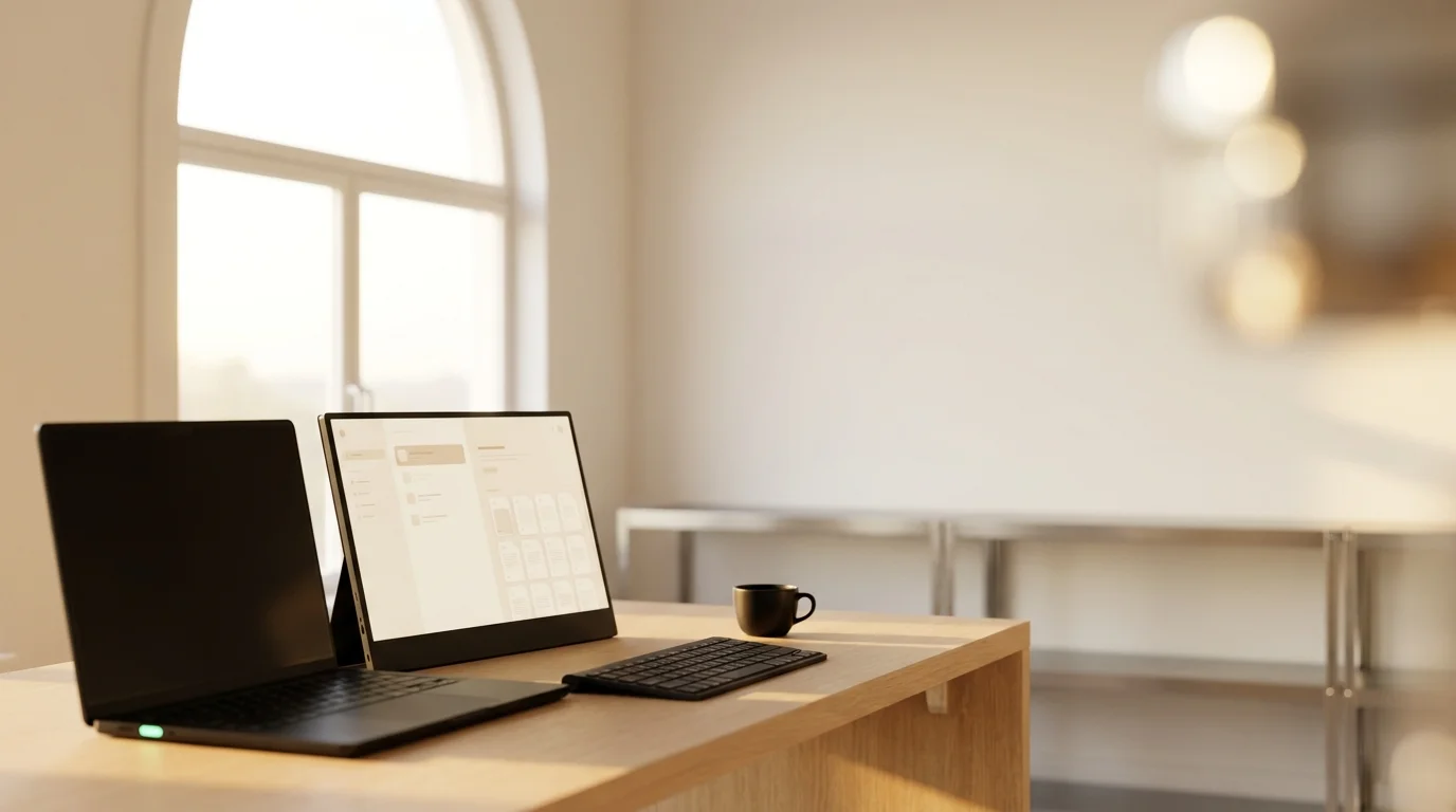 Aufgeräumter Arbeitsplatz mit Laptop und Monitor, auf beiden ein ruhiges, strukturiertes Arbeitsbereich-Interface — Microsoft 365, wenn es richtig eingerichtet ist