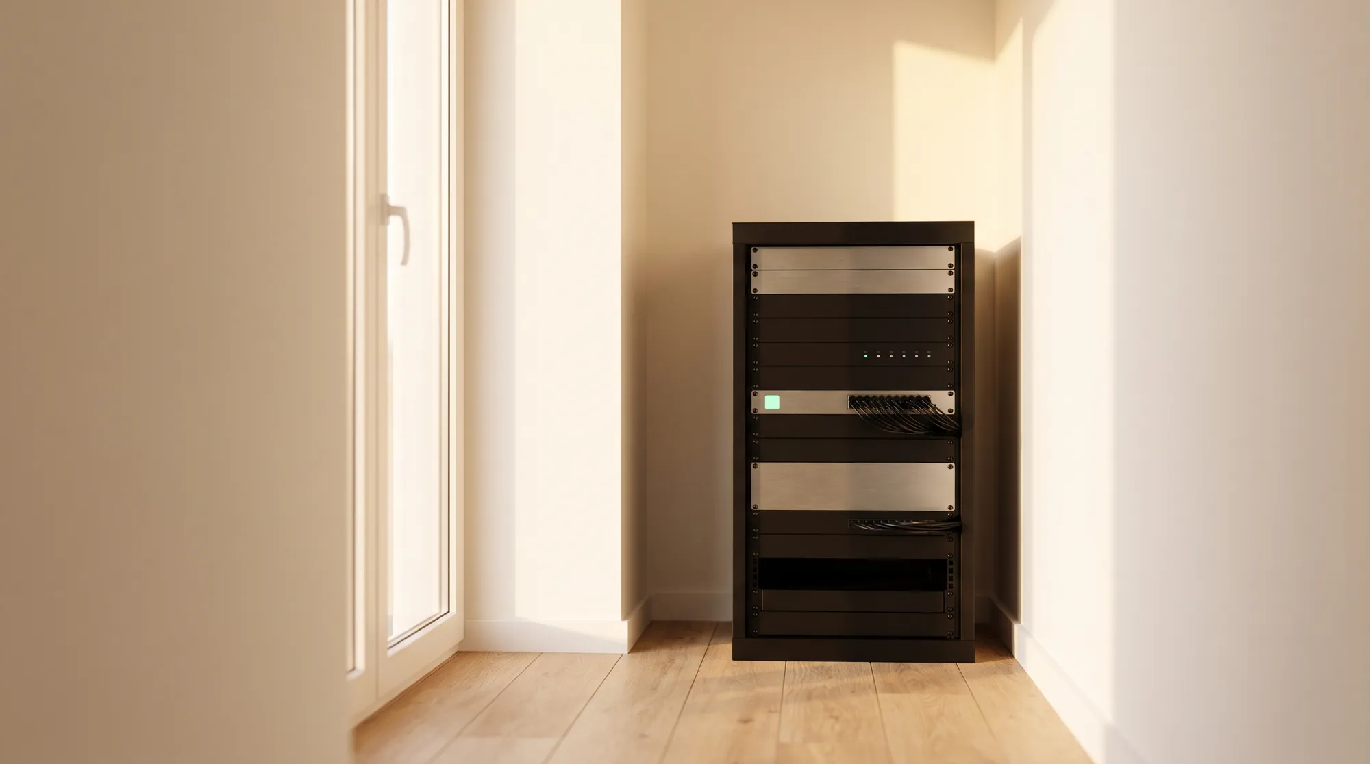 Aufgeräumter Serverraum mit einem Netzwerkschrank und einer grünen Statusleuchte, Sinnbild für überwachte Infrastruktur