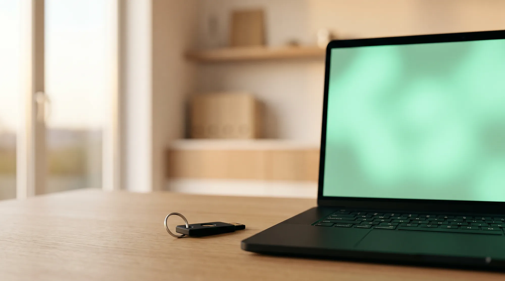 Hardware-Sicherheitsschlüssel neben einem Laptop, Sinnbild für geprüften Zugriff