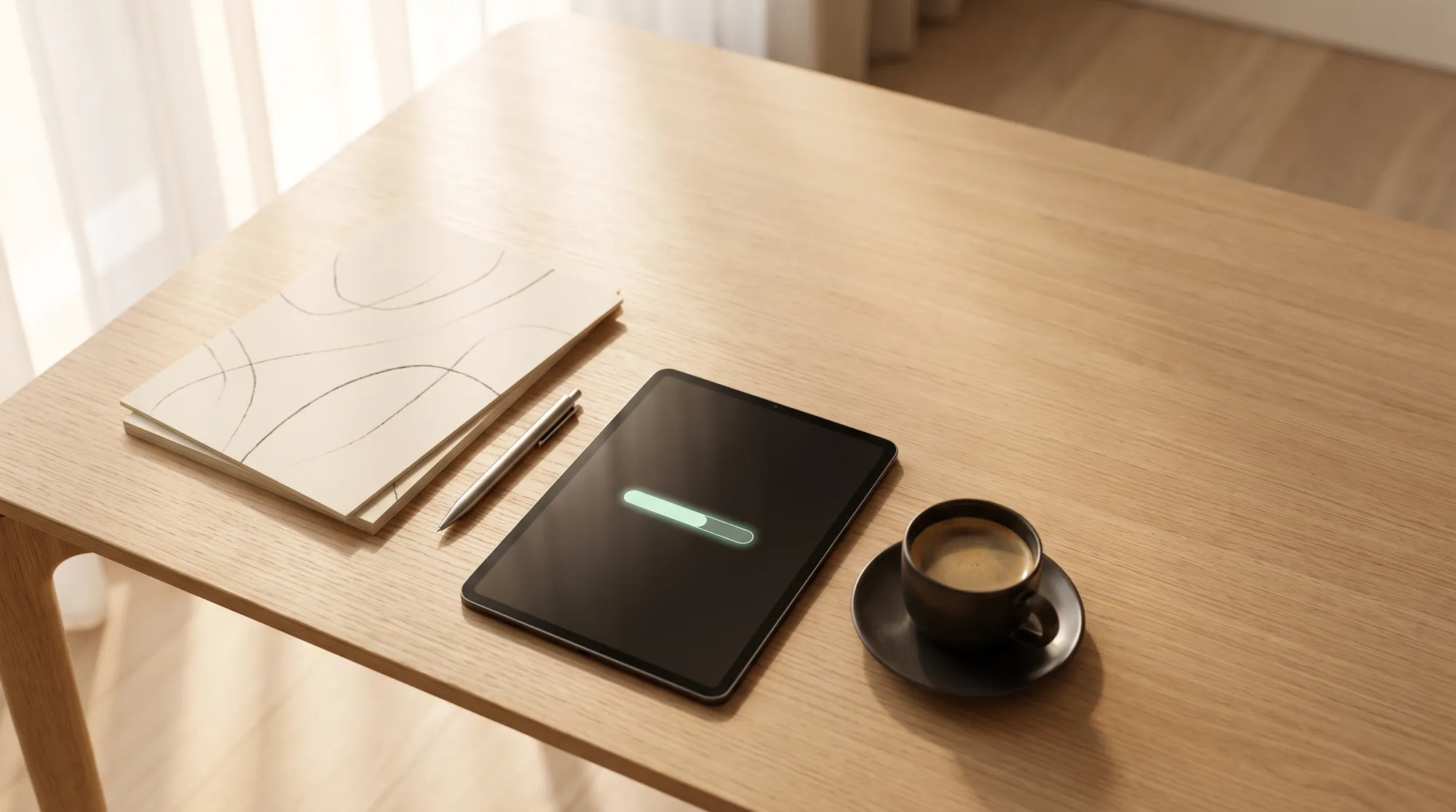 Tablet mit grünem Ladebalken auf einem Holztisch neben Notizblock, Stift und Kaffeetasse, Sinnbild für eine strukturierte Reifegrad-Aufnahme.