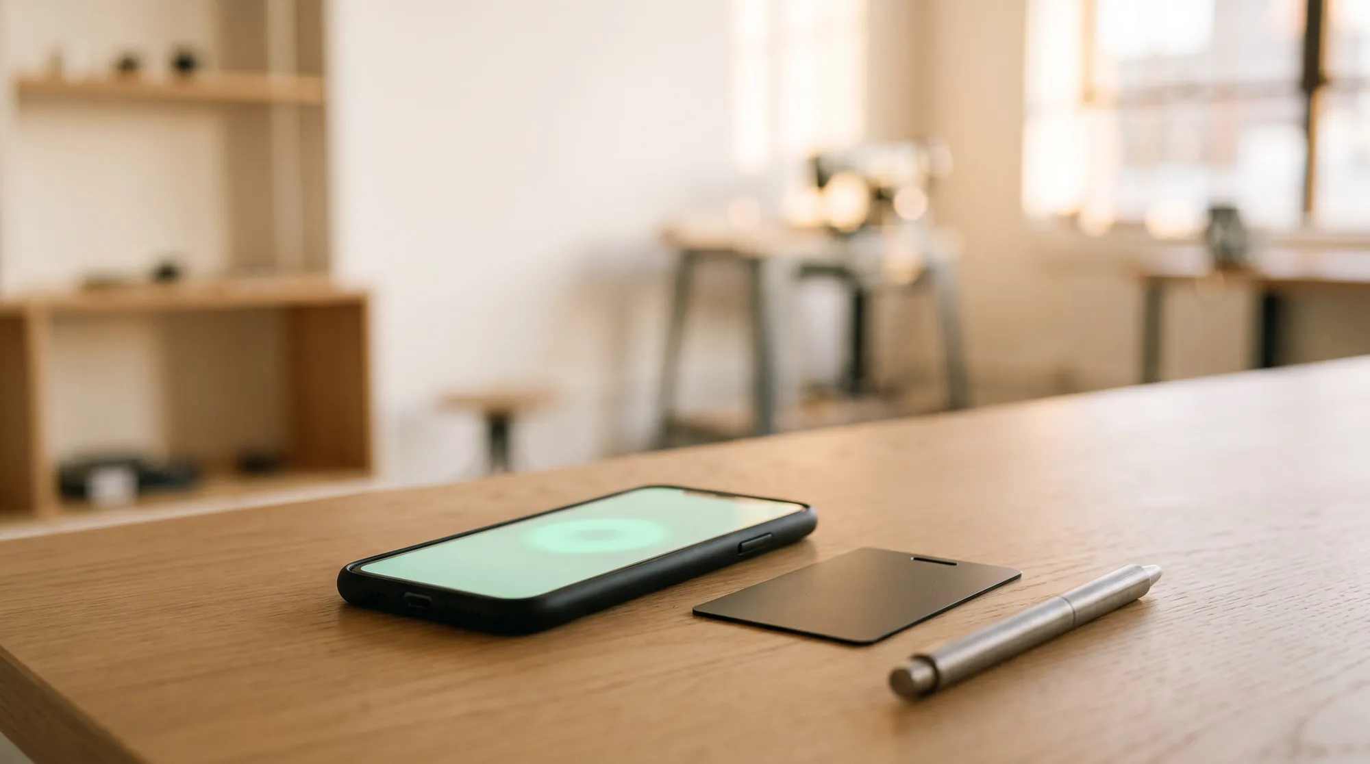 Smartphone mit einem Authentifizierungssymbol auf dem Bildschirm neben einer Zugangskarte und einem Stift auf einem Holztisch, Sinnbild für Login und Zugriffskontrolle