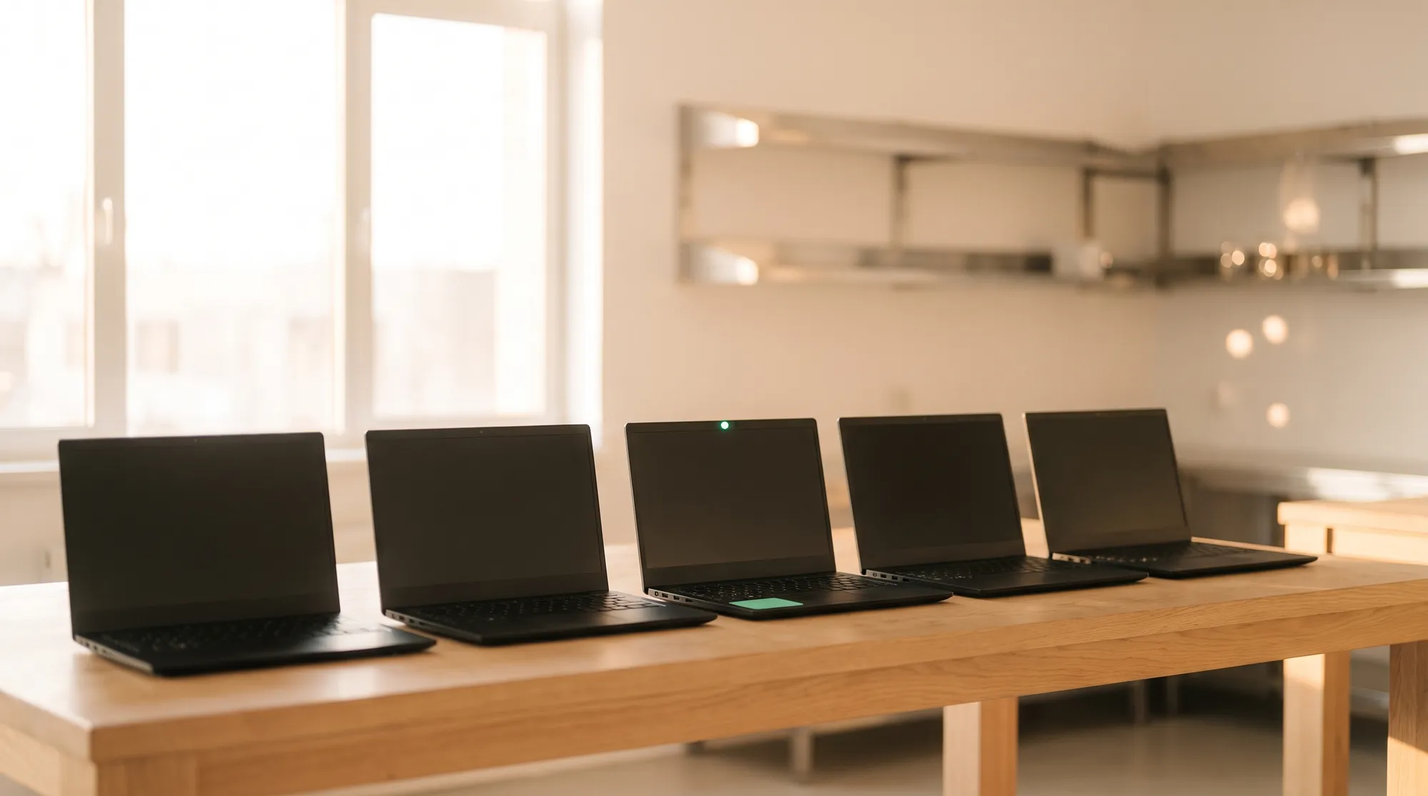 Fünf aufgeklappte Notebooks in einer Reihe auf einem Tisch, eines mit grüner Status-Leuchte, zentral verwaltete Geräte statt Einzelaufsetzung