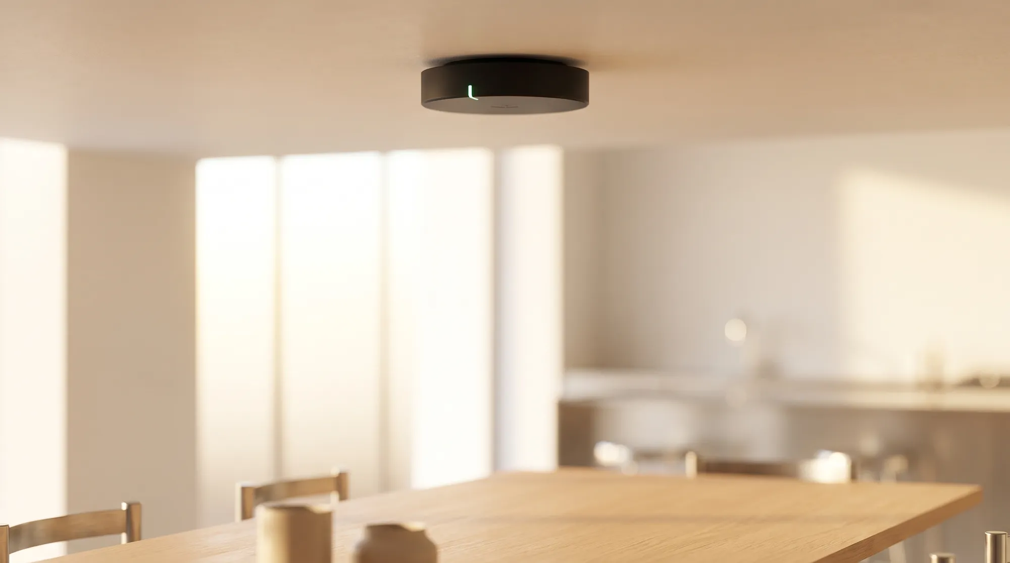 Deckenmontierter runder Access Point mit grüner Statusanzeige über einem hellen, offenen Raum, unauffällige, sauber geplante WLAN-Ausleuchtung