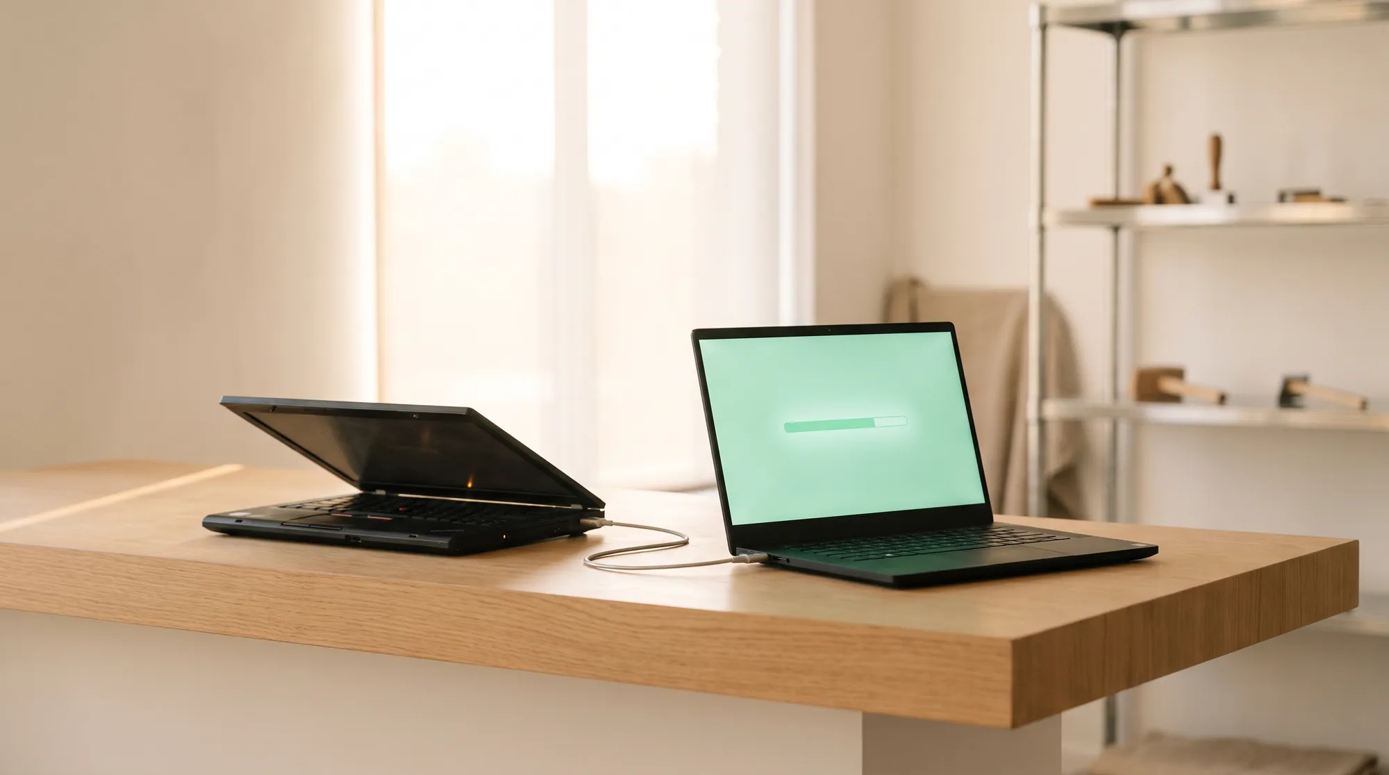 Zwei Notebooks auf einem Tisch, ein altes geschlossenes Gerät links über ein Kabel verbunden mit einem neuen, geöffneten Notebook rechts, dessen Bildschirm einen grünen Ladebalken zeigt, Sinnbild für die Migration von einem alten in ein neues System