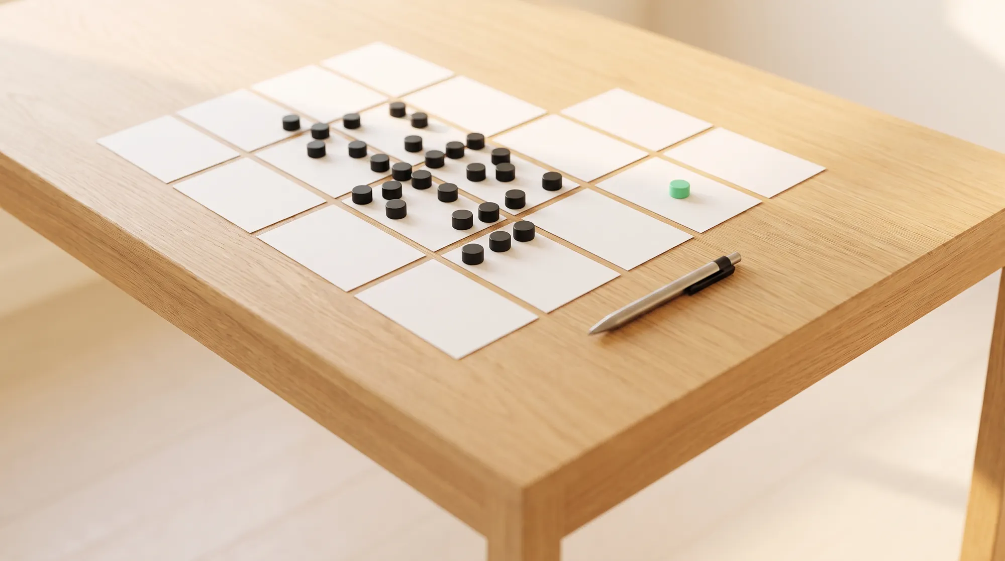 Rasterfeld aus weissen Karten mit schwarzen Spielsteinen und einem einzelnen grünen Stein isoliert daneben, Sinnbild für einen sauber abgegrenzten Scope und eine offene Lücke
