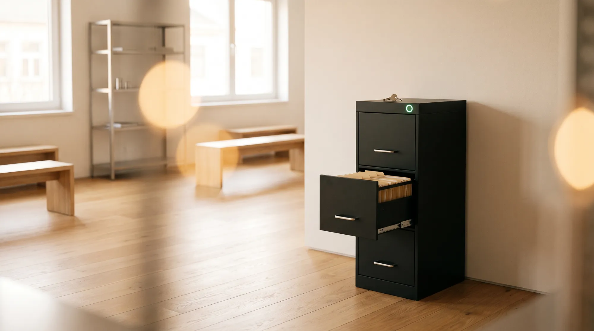 Schwarzer Aktenschrank mit grün leuchtender Verschlussanzeige und einem geöffneten Schubfach mit Akten, kontrollierter Zugriff auf Datenverarbeitungen