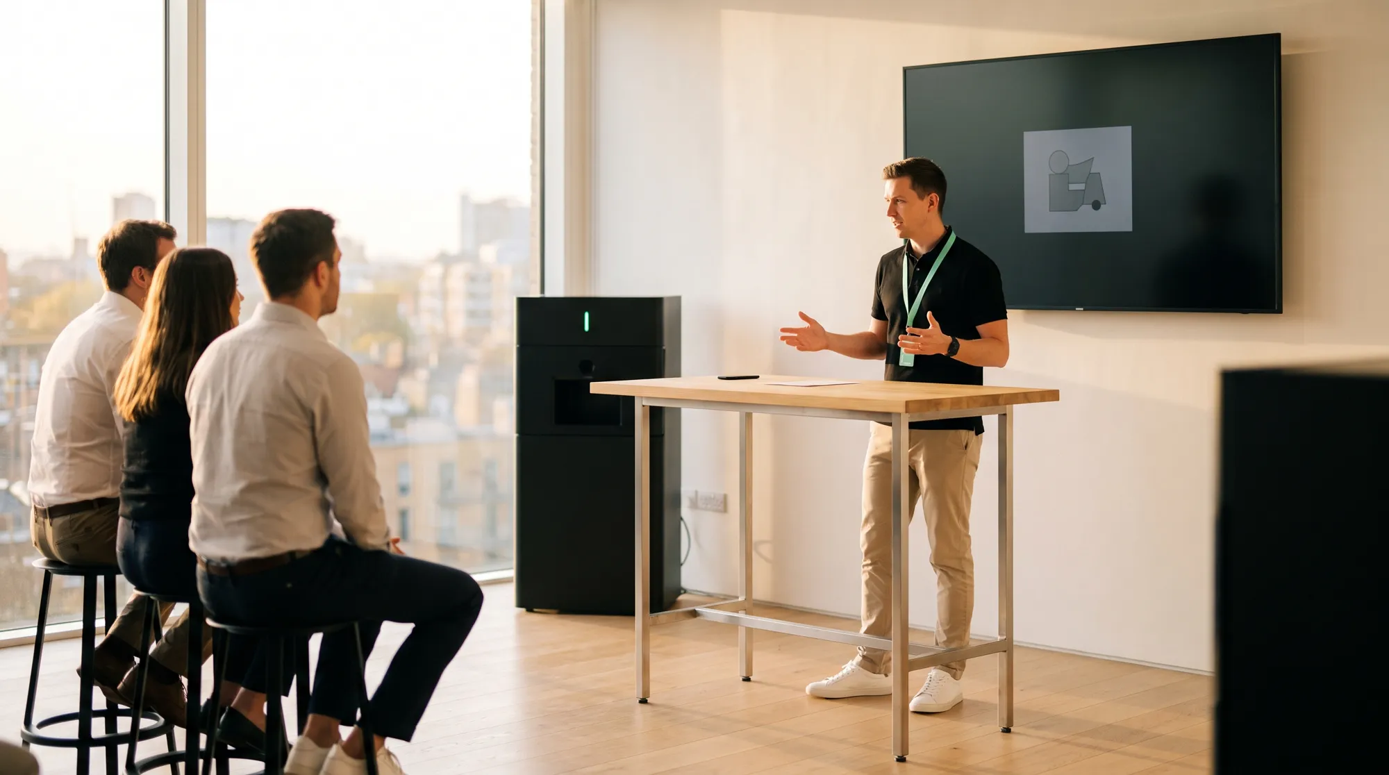 Ein Mitarbeiter präsentiert stehend vor drei sitzenden Kolleginnen und Kollegen vor einem Bildschirm mit Symbol, ein Workshop im Team