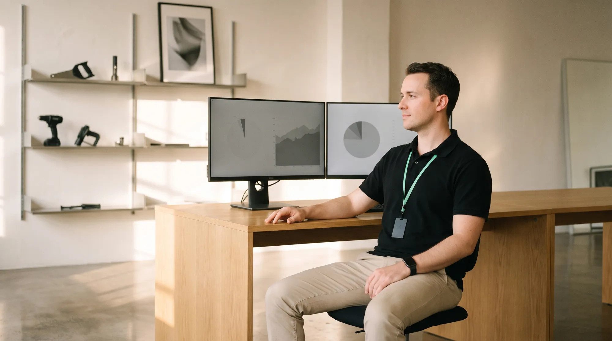 Mitarbeiter sitzt vor zwei Monitoren mit Kennzahlen-Diagrammen, im Hintergrund ein Regal mit Werkzeug, Sichtbarkeit über sicherheitsrelevante Ereignisse
