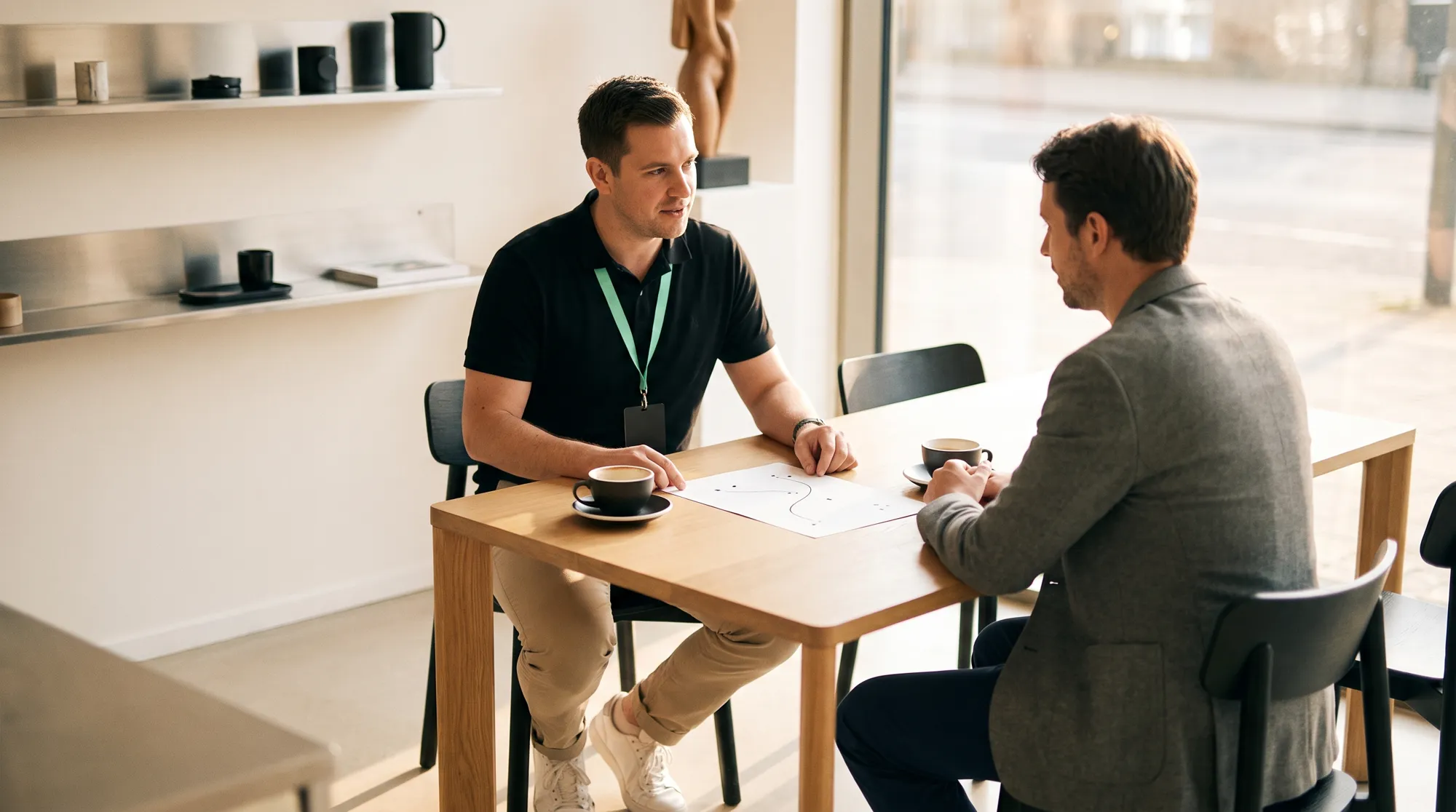 Zwei Männer sitzen sich an einem Holztisch gegenüber und besprechen eine Skizze mit Kaffeetassen, einer trägt ein hellgrünes ITM-Lanyard, Sinnbild für ein Führungsgespräch auf Augenhöhe