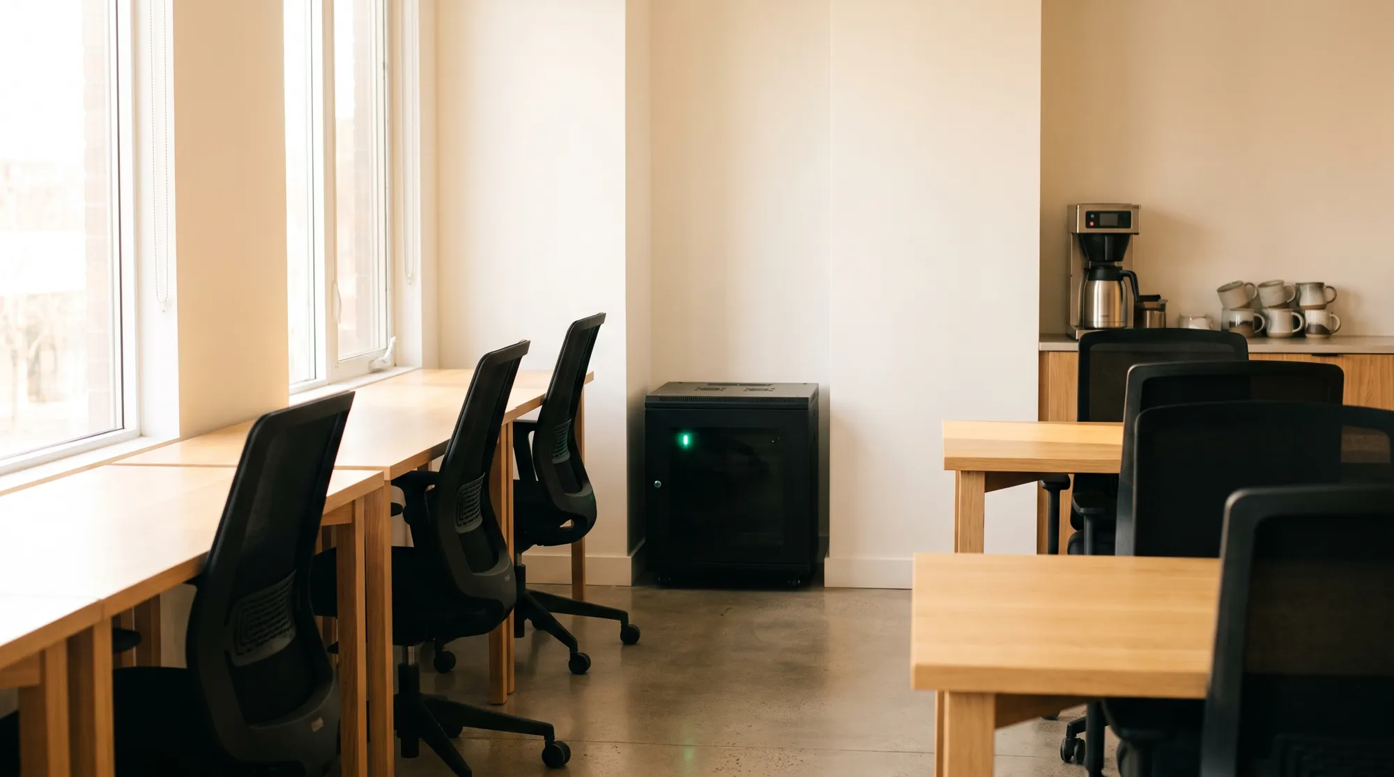 Helles Büro mit Holztischen und schwarzen Bürostühlen; an der Wand steht ein schwarzer Netzwerkschrank mit grüner Statusanzeige, im Hintergrund eine Kaffeestation
