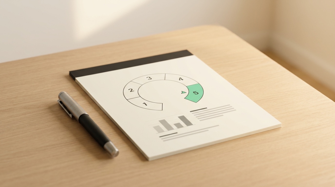 Digitales Due-Diligence-Scorecard mit einem Score-Indikator von 1 bis 5 auf einem Schreibtisch