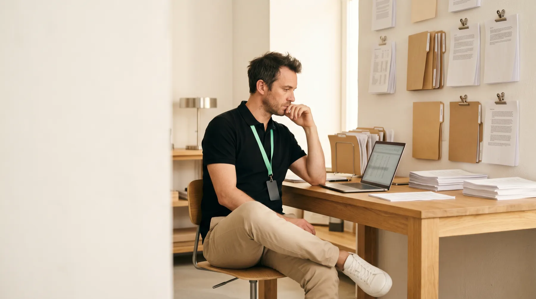 Nachdenklicher Mitarbeiter am Schreibtisch vor einer Wand voller Papierordner und Ausdrucke — verstreutes Wissen und Handarbeit als Status quo vor Core.