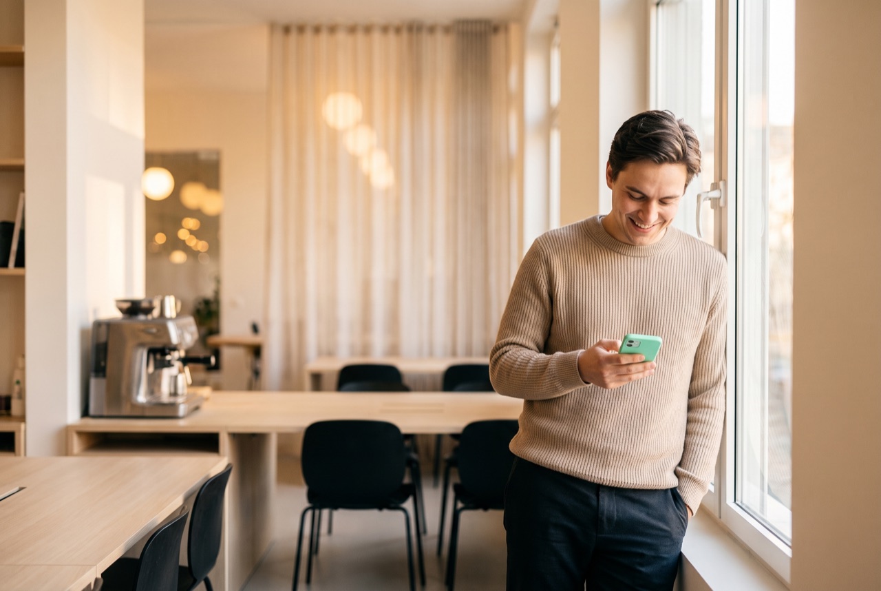 Neuer Mitarbeiter schaut neugierig auf eine digitale Onboarding-Willkommensseite auf dem Smartphone