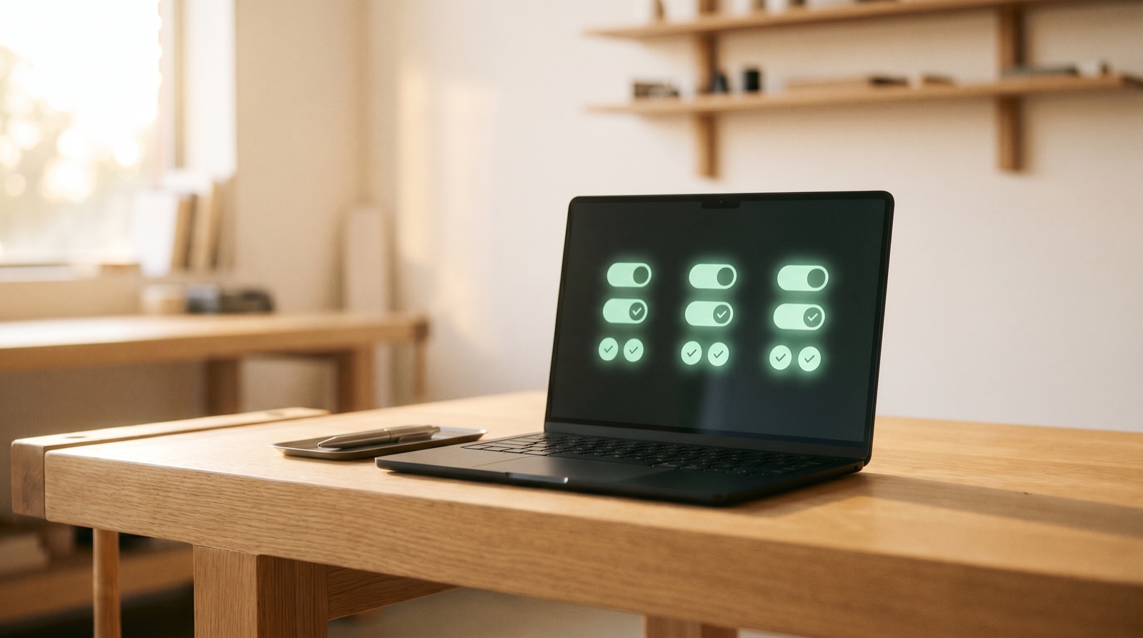 Laptop zeigt eine ruhige Onboarding-Checkliste mit grünen Status-Häkchen für Vertrag, NDA, Accounts und Gerät