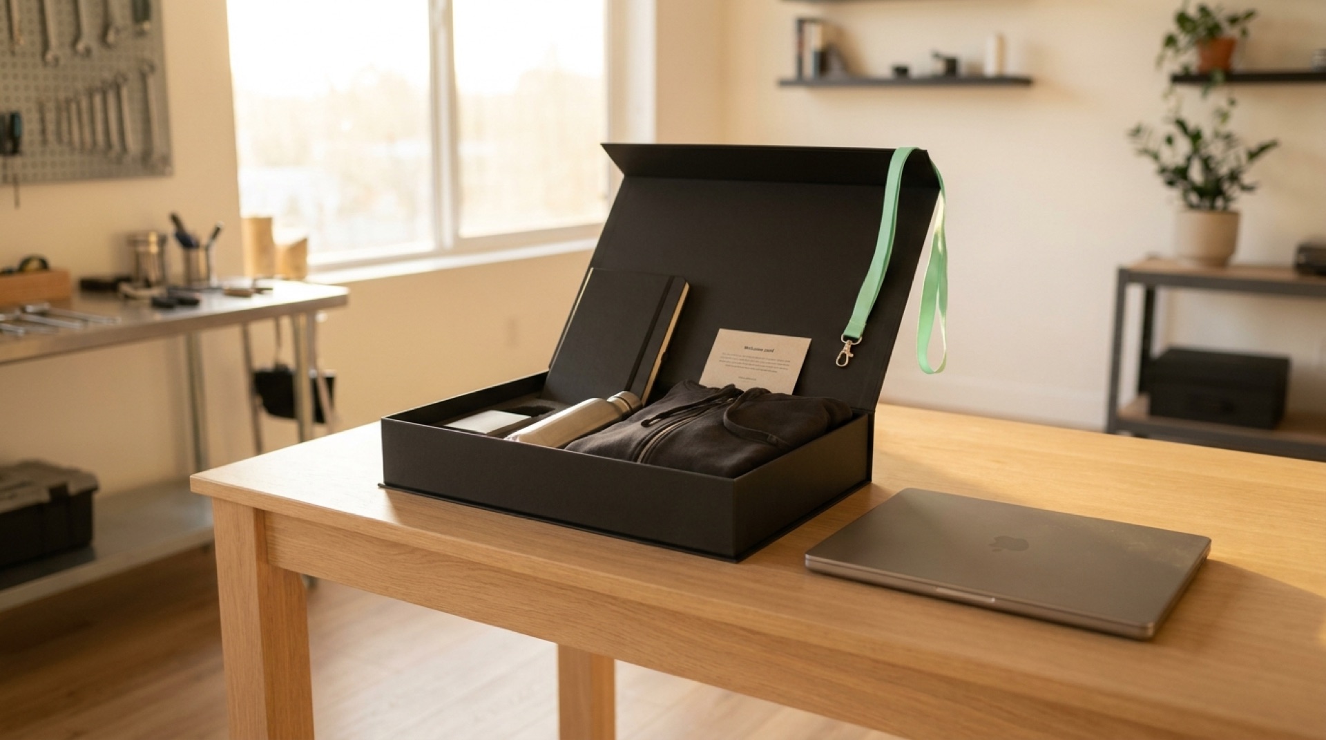 Geöffnete Premium-Willkommensbox mit Goodies und Laptop auf einem Eichenfurnier-Schreibtisch, mintgrünes Schlüsselband als Akzent