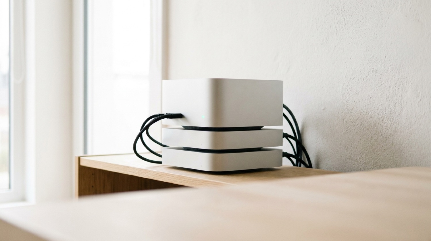 Kompakter Apple-Silicon-Cluster aus mehreren silbernen Mini-Workstations