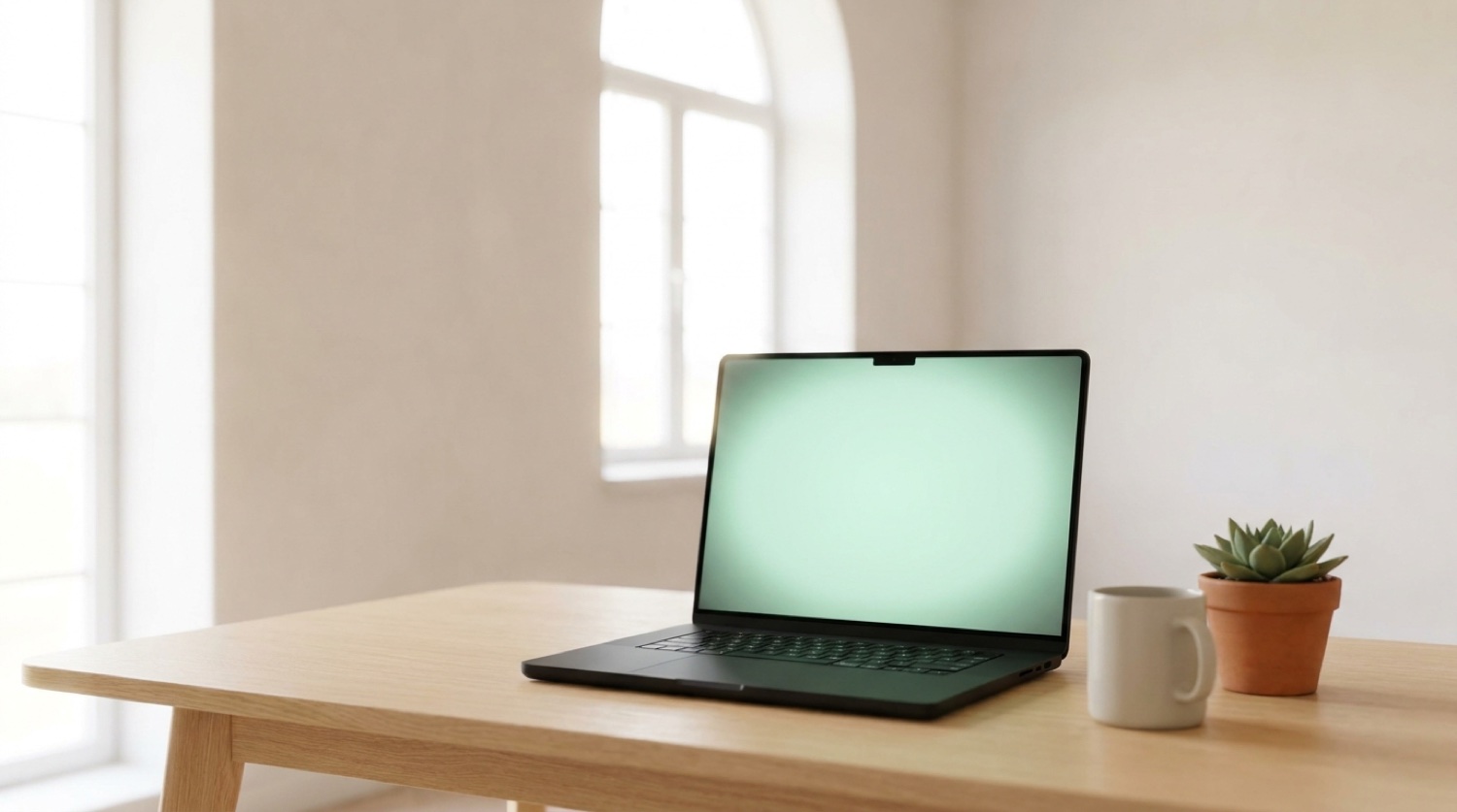 Laptop mit leuchtend mint-grünem KI-Assistenten auf Eichenfurnier