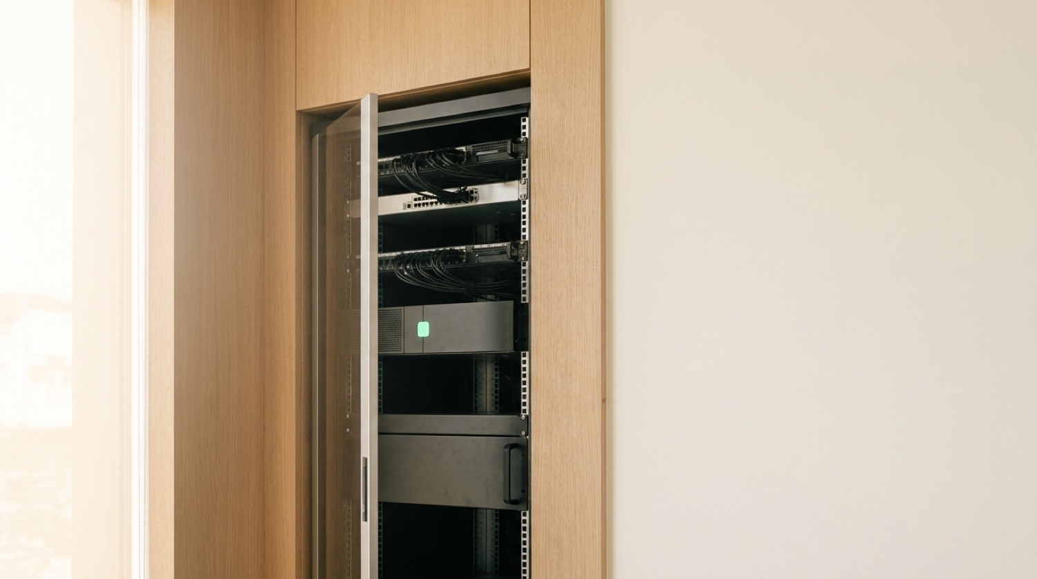 Aufgeräumtes On-Premise-Server-Rack in einem modernen Büro-Technikraum