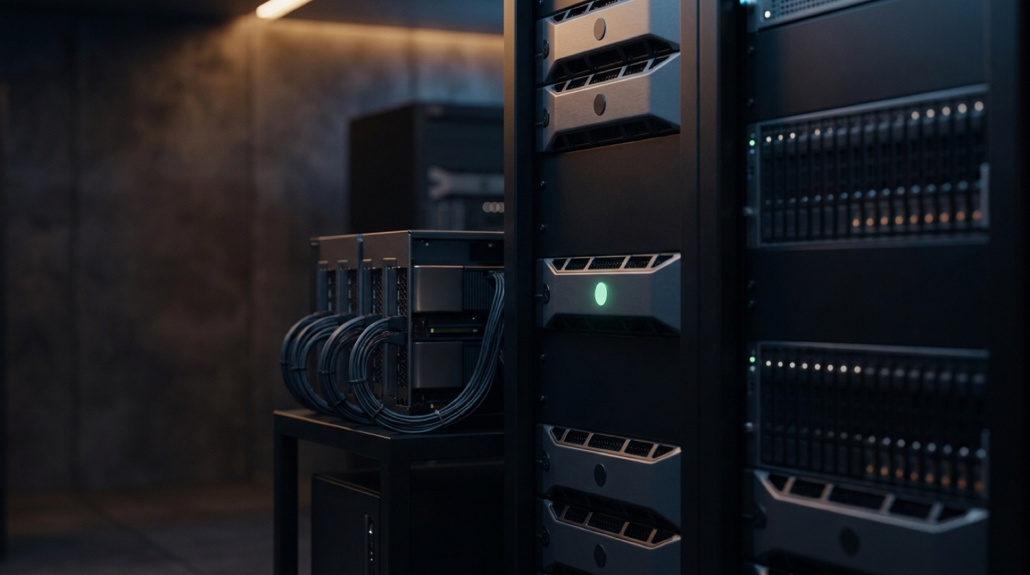 Aufgeräumter On-Premise-KI-Serverraum mit GPU-Cluster und einem mint-grünen Statuslicht