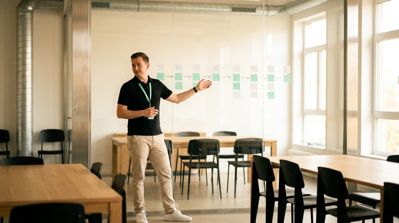 Prozess-Workshop: eine Person ordnet einen Ablauf aus weißen und mintgrünen Haftnotizen mit Pfeilen an einer Glaswand