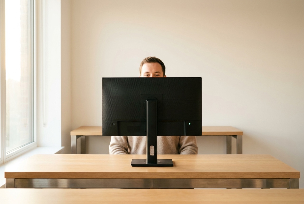 Person sitzt hinter einem Monitor, die Augen liegen genau auf Höhe der oberen Bildschirmkante — die korrekte ergonomische Monitorhöhe