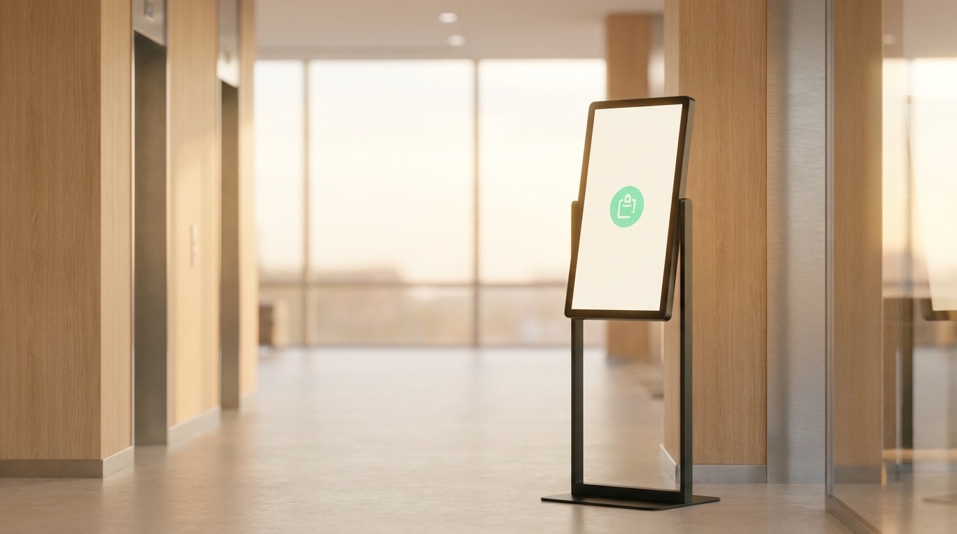 Schlankes Self-Service-Kiosk-Terminal mit Touchscreen in einer hellen Lobby