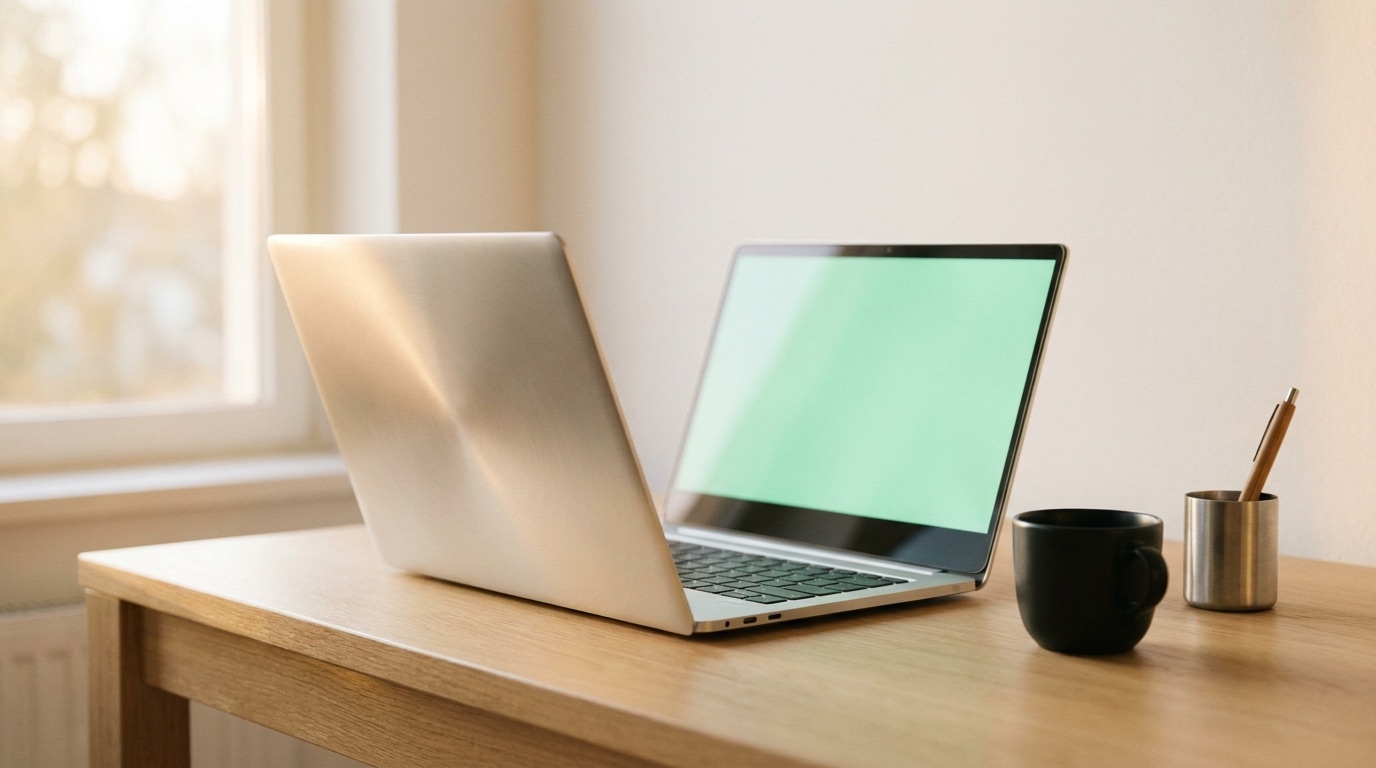 Schlankes silbernes Aluminium-Ultrabook offen auf einem Eichenfurnier-Schreibtisch