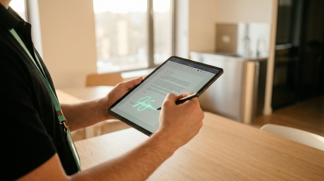 Großes Tablet wird in den Händen gehalten, eine Person unterschreibt mit Stift
