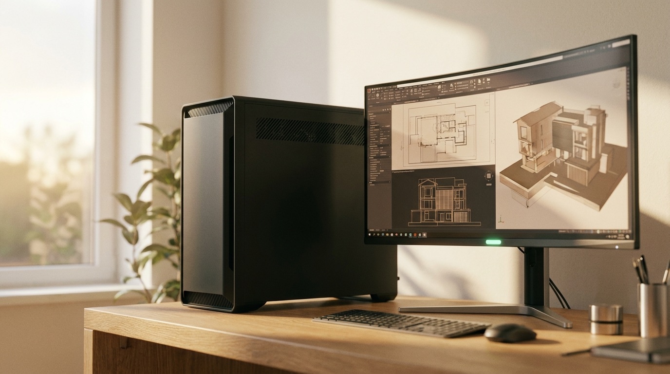 Leistungsstarker Desktop-Tower neben einem großen Monitor mit 3D-CAD-Inhalt