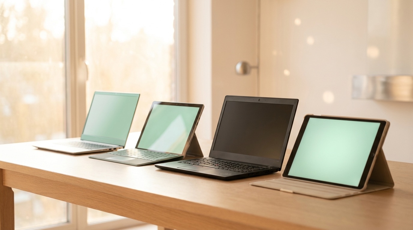 Aufgereihte moderne Business-Geräte auf einem Eichenfurnier-Schreibtisch: Ultrabook, 2-in-1, Business-Laptop und Tablet