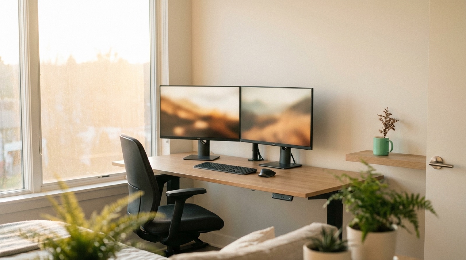 Aufgeräumter moderner Arbeitsplatz mit Dual-Monitor-Setup und ergonomischem Stuhl an einem Eichenfurnier-Schreibtisch