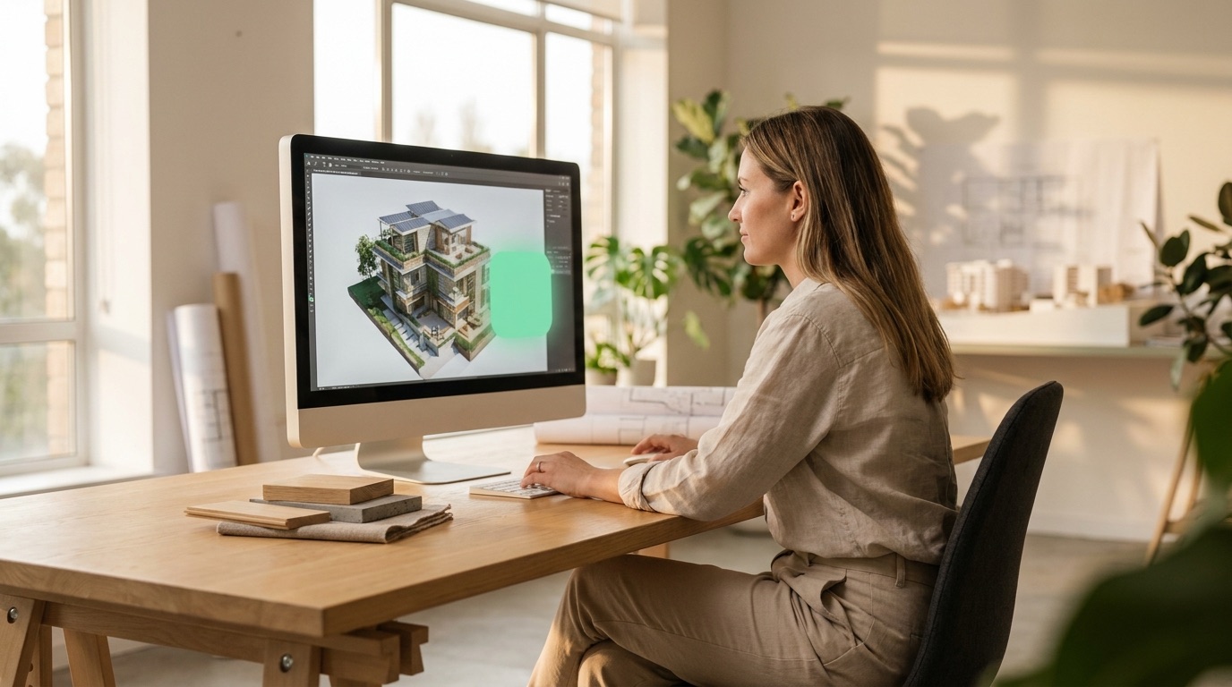 Architektin arbeitet im Studio an einer Workstation mit großem Monitor und 3D-Gebäudemodell