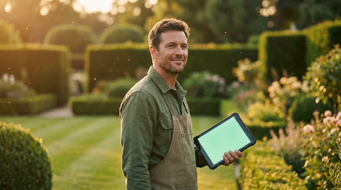 Gärtner steht in einem perfekt geschnittenen Garten und dokumentiert seine Arbeit auf einem robusten Tablet
