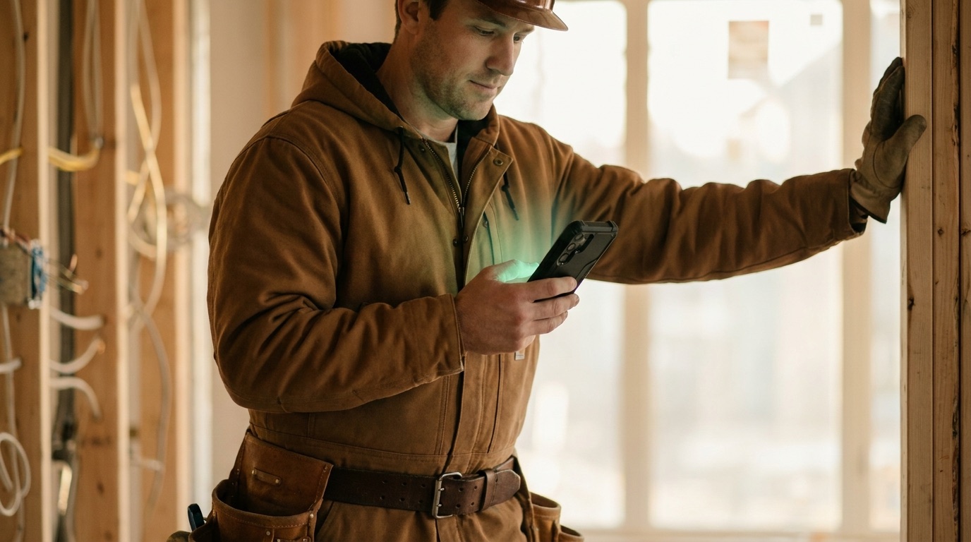 Elektriker prüft auf einer Baustelle einen Auftrag auf einem robusten Smartphone mit Schutzhülle