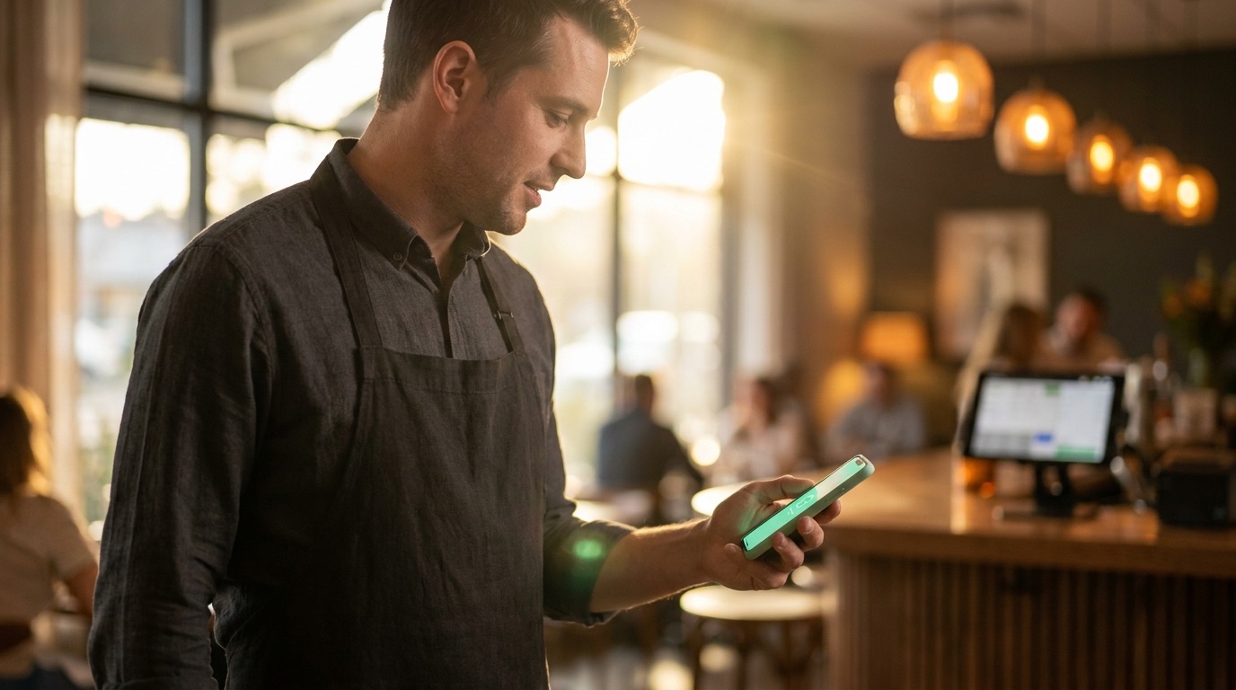 Kellner im Restaurant nimmt eine Bestellung auf dem Smartphone auf, im Hintergrund eine Tablet-Kasse am Tresen