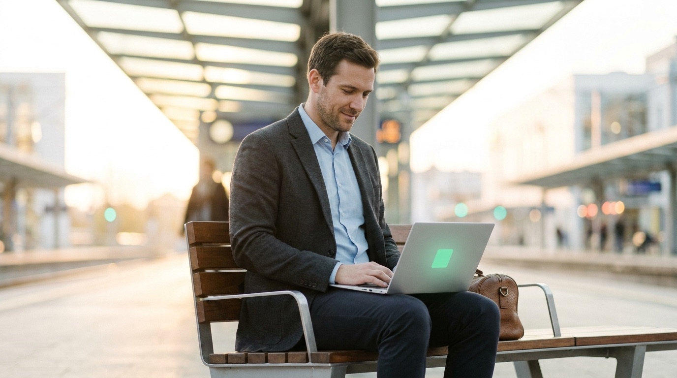 Manager sitzt am Bahnsteig und arbeitet an einem leichten silbernen Ultrabook auf dem Schoß