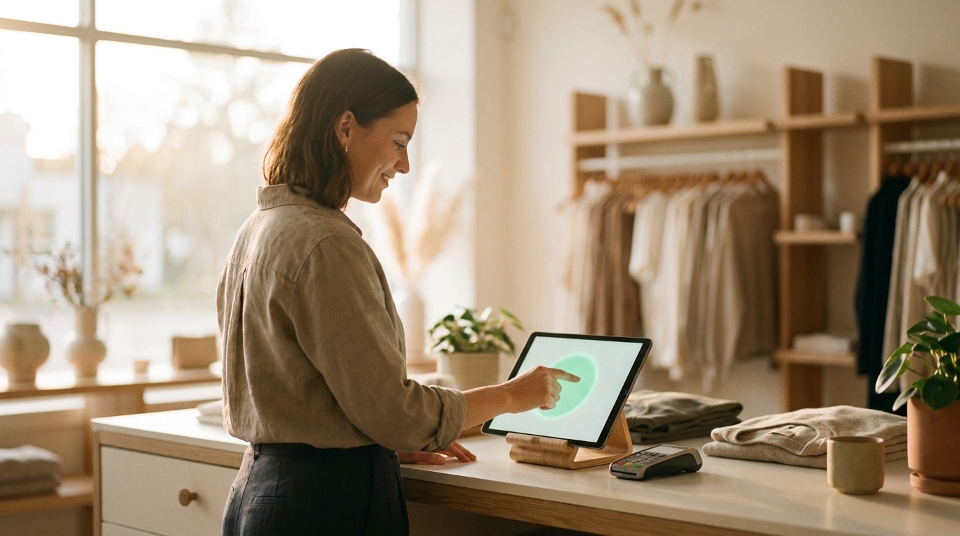 Verkäuferin kassiert am Tresen einer Boutique an einer Tablet-Kasse mit Kartenleser