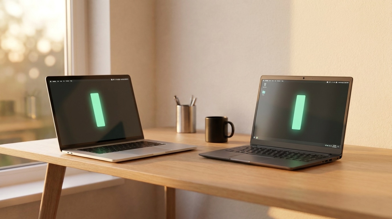 Zwei gleichwertige Premium-Laptops nebeneinander — links ein silbernes macOS-Ultrabook, rechts ein dunkles Windows-Notebook