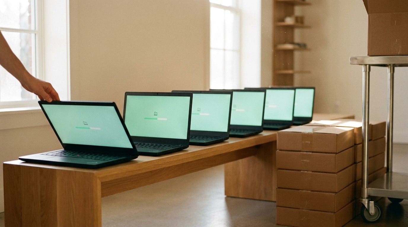 Mehrere neue, identische Laptops auf einer Werkbank richten sich beim ersten Start automatisch ein (Zero-Touch-Provisioning)