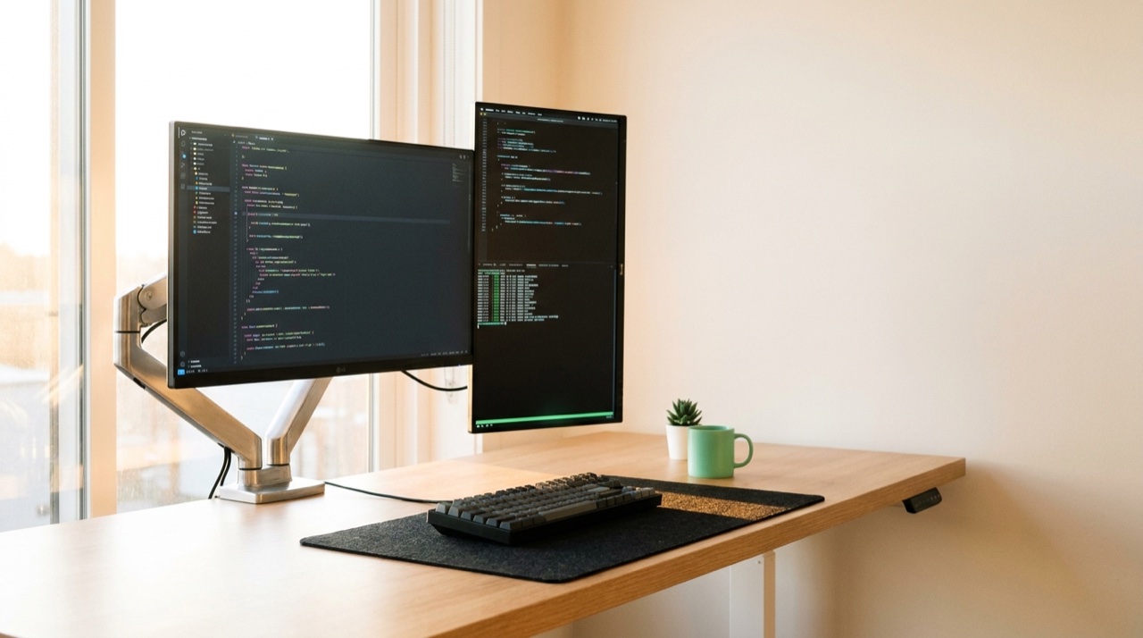 Entwickler-Schreibtisch mit einem Monitor quer und einem Monitor hochkant für Code