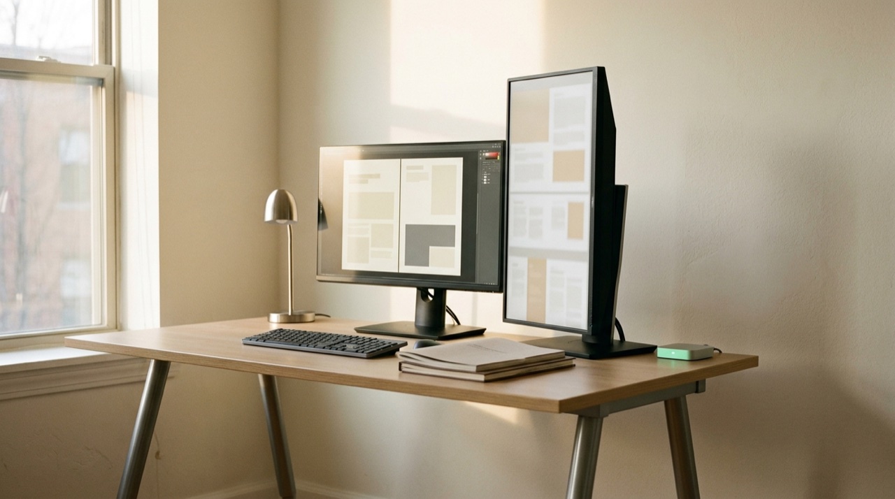 Schreibtisch mit 24-Zoll-Monitor quer und 24-Zoll-Monitor hochkant für Dokumentenarbeit