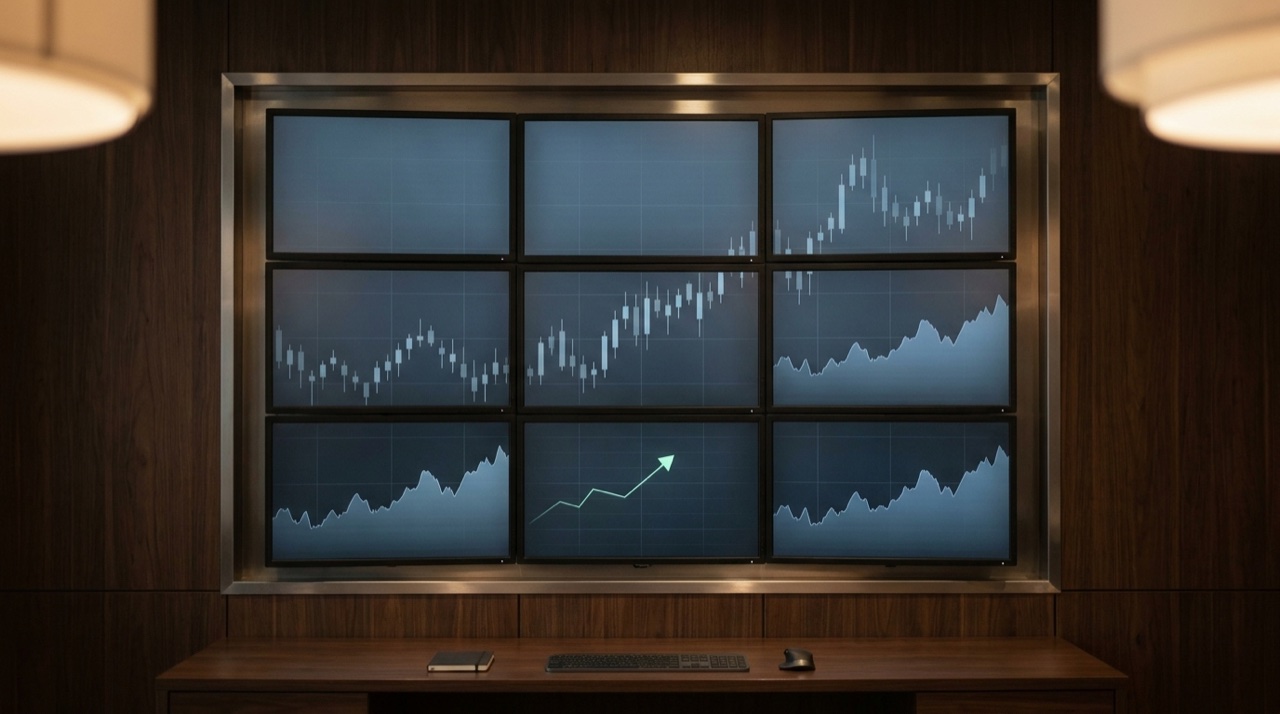 Finanz-Arbeitsplatz mit einer 3x3-Monitorwand aus neun Bildschirmen