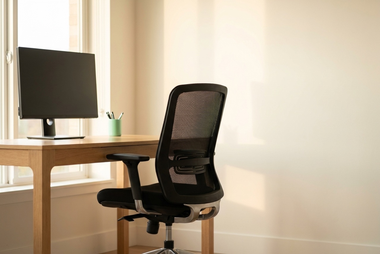 Premium ergonomischer Bürostuhl mit Mesh-Rückenlehne an einem Eichenfurnier-Schreibtisch